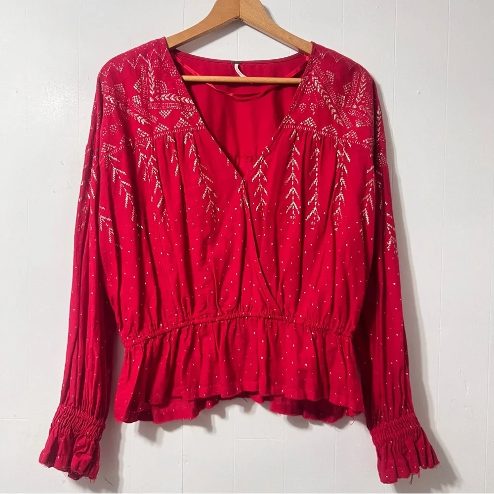 Free People Counting Stars Puff Sleeves Ruffle Hem Boho Peasant Top Size S